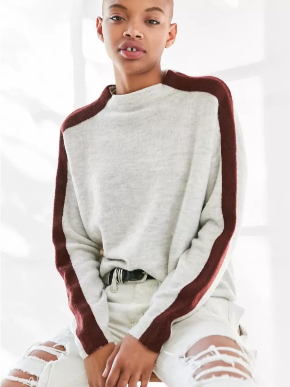 silence + noise Beige Mockneck Sweater with Brown Shoulder Stripes
